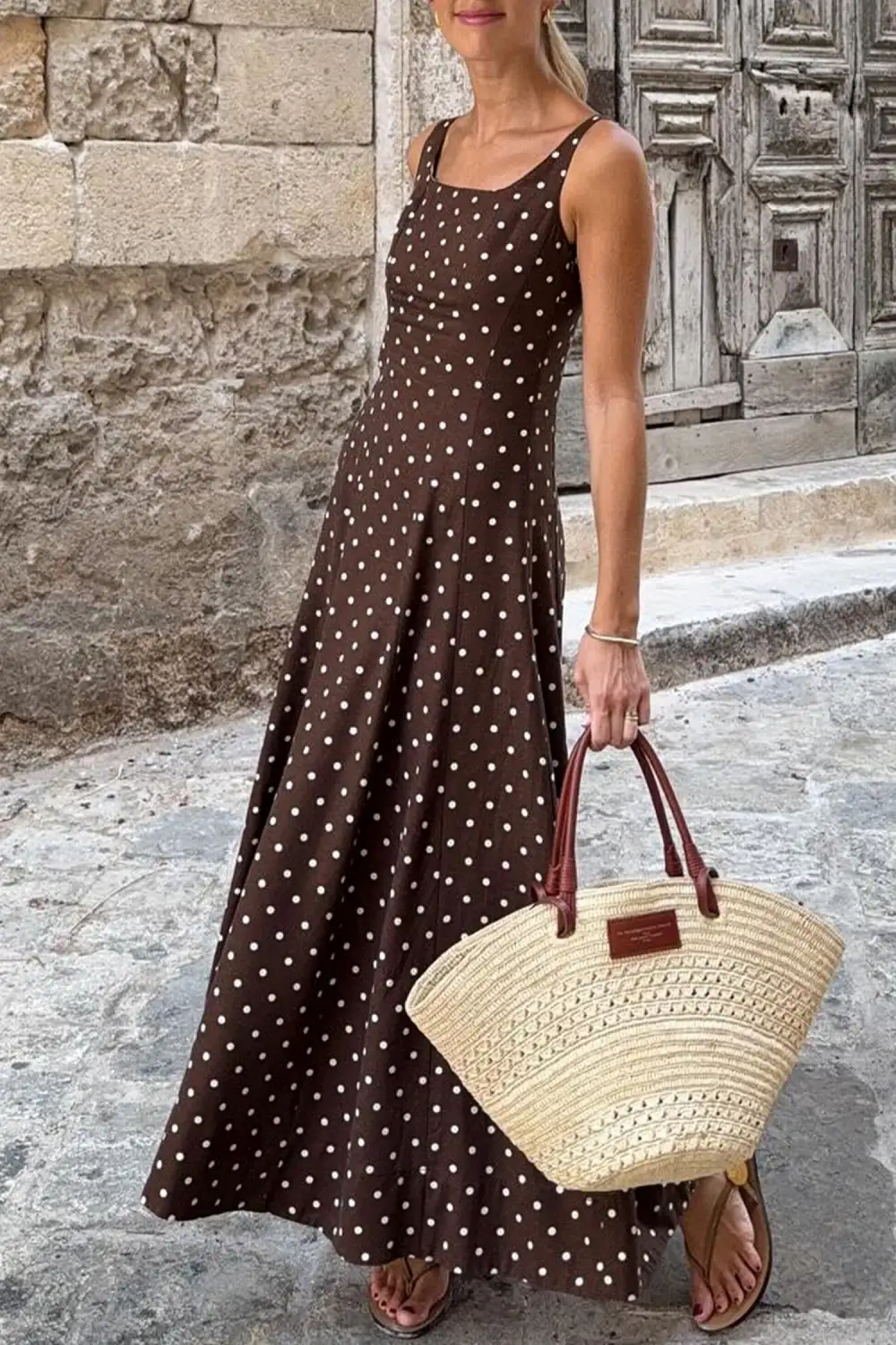 Classic Polka Dot Print Square Neck Sleeveless Vacation Long Dress