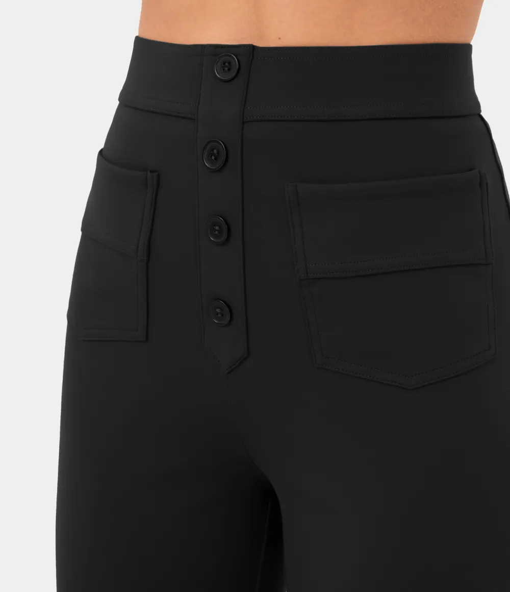 High Waisted Button Multiple Pockets Straight Leg Casual Pants