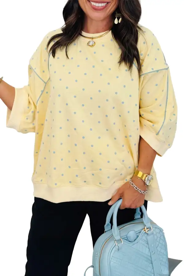 Polka Dot Round Neck Contrast Trim Relaxed Stretch Fabric Three Quarter Sleeve Top
