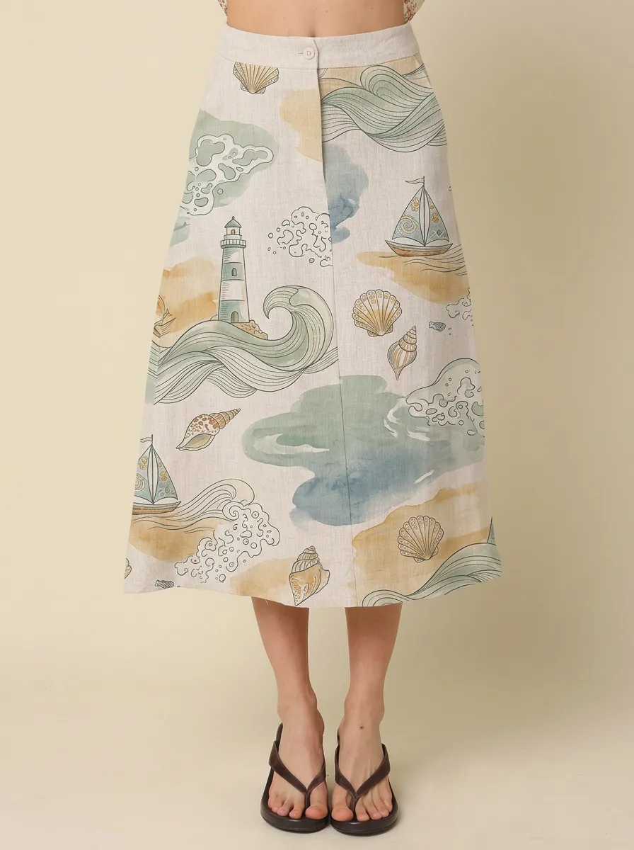 Women's Nautical Ocean Lover Lighthouse Sailboat Seashell Printed Skirt