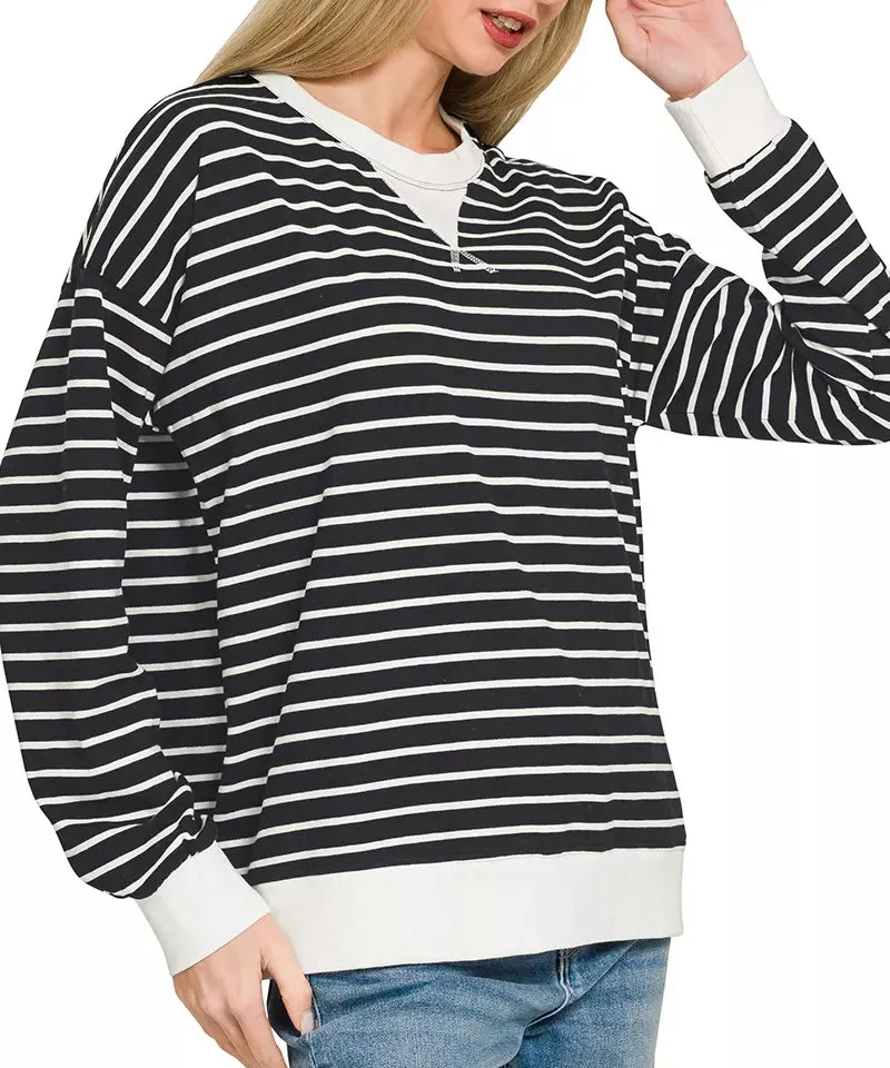 Relaxed Contrast Striped Round Neck Sweatshirt