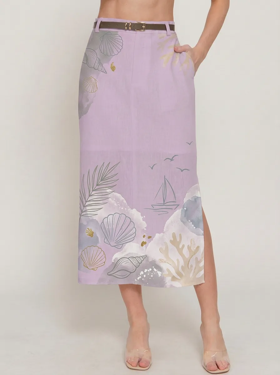Women's Coastal Seashell Sailboat Printed Midi Skirt