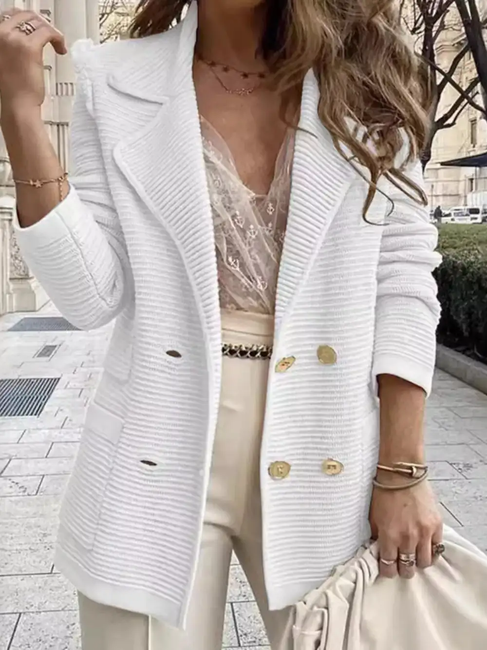 Double-Breasted Textured-Knit Blazer