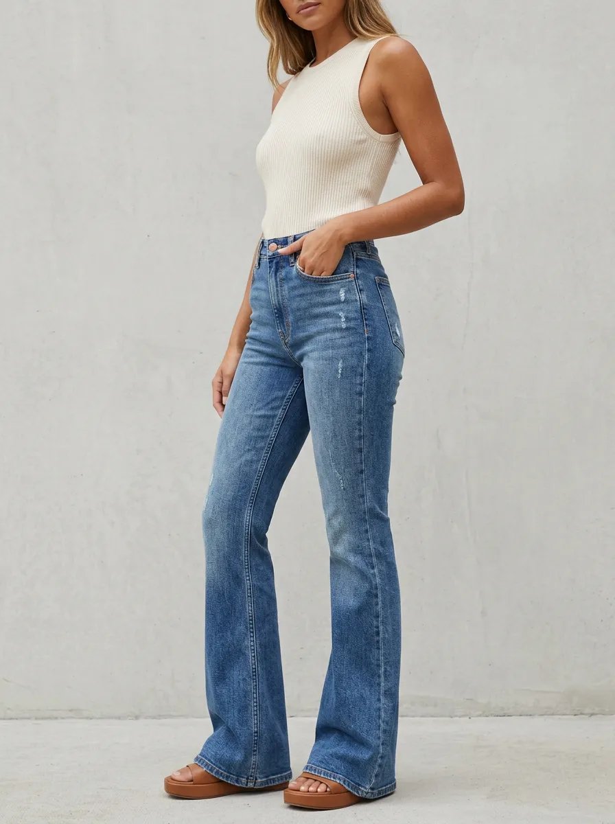 Stretch Vintage-Wash Distressed Women's High-Waist Stretch Flare Jeans