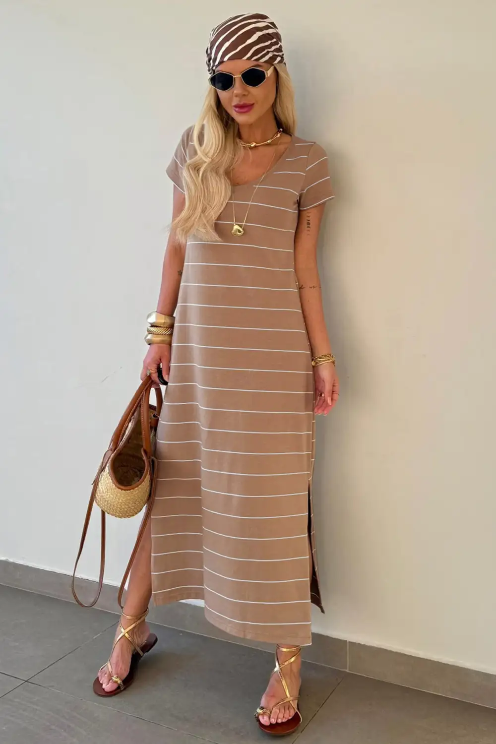 Gathered Detail Striped Slit Short Sleeve Maxi Dress