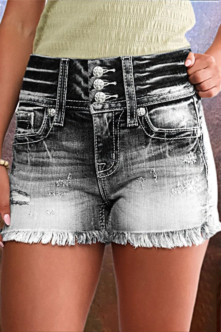 Button Fly Ripped Raw Hem Denim Shorts