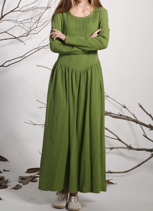 Tailored Linen Pleated Long Sleeve Maxi Dress