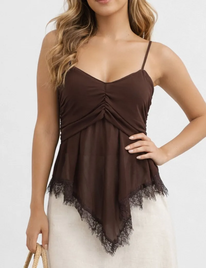 Sheer Mesh Lace Hem Spaghetti Strap Cami Top