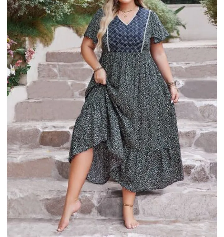 Plus Size V-Neck Flutter Sleeve Midi Dress