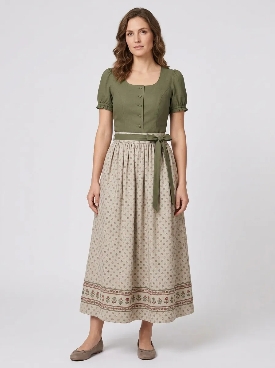 Women's Bavarian-Inspired Floral Border-Hem Midi Skirt Set