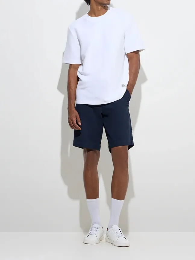 Navy Loose Mid-Waist Cotton-Blend Shorts