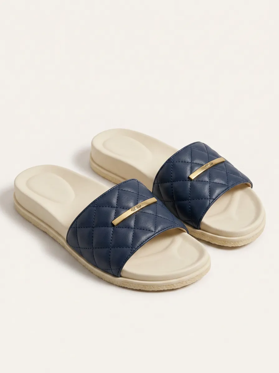Women's Casual Fashion Quilted Navy Metal Bar Printed Slides