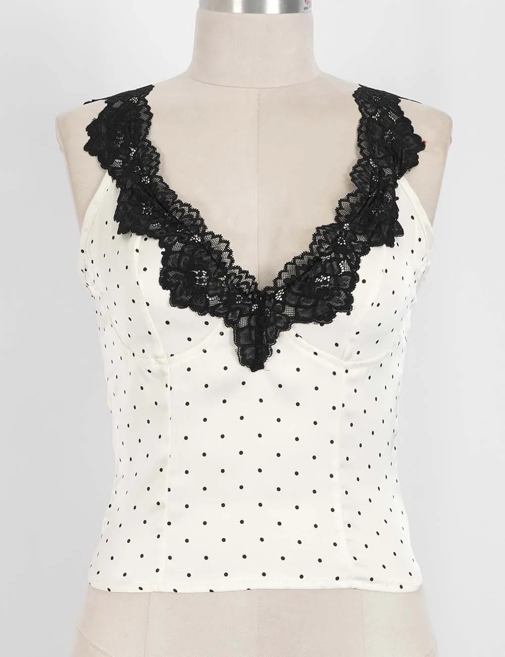 Chic Polka Dot Lace Strap V Neck Sleeveless Tank Top