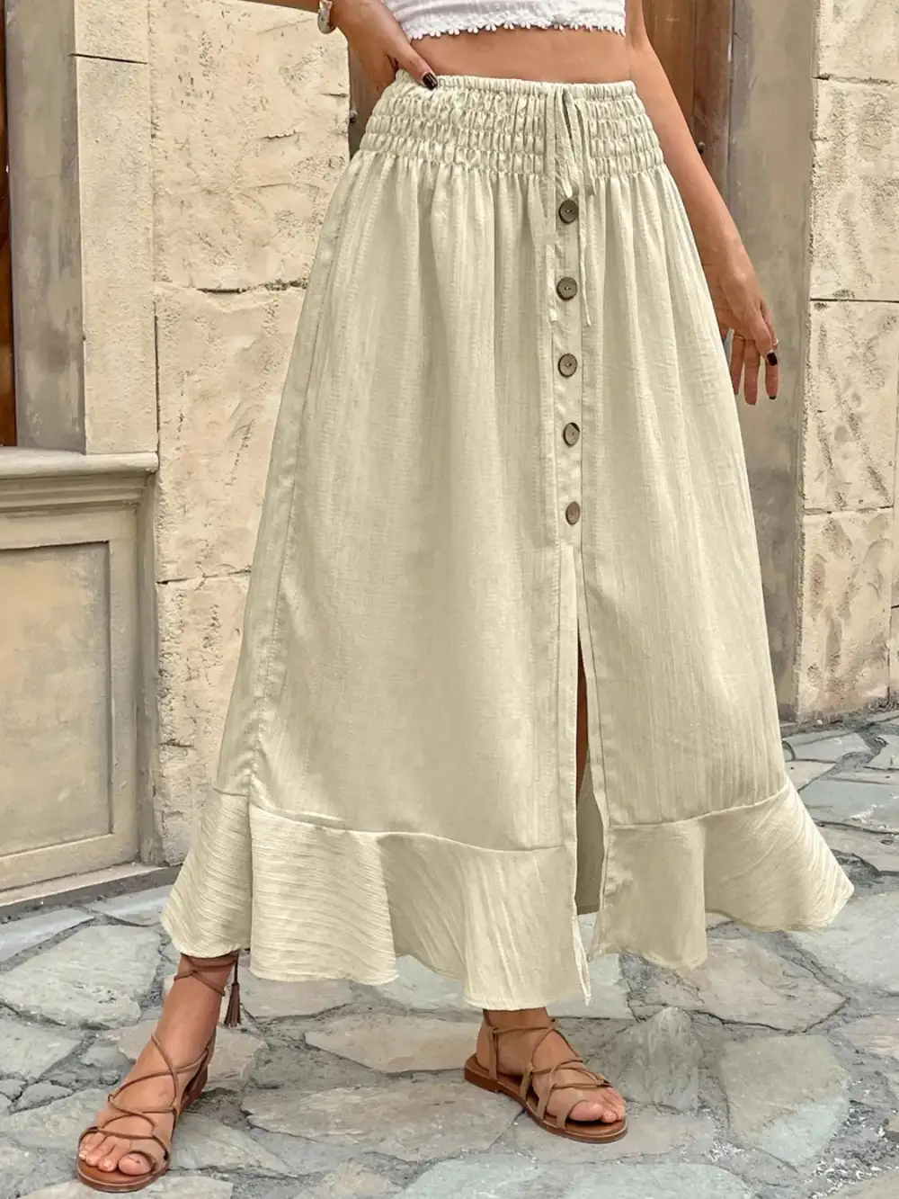 Button Front Smocked Skirt