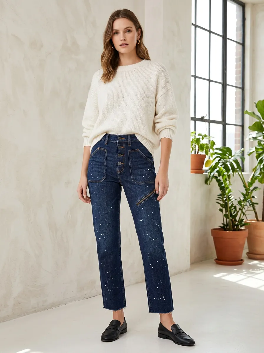 Women's Casual Fashion Paint Splatter Printed Denim Pants