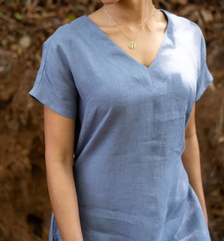 Wildflower Blue Linen V-Neck Shift Dress