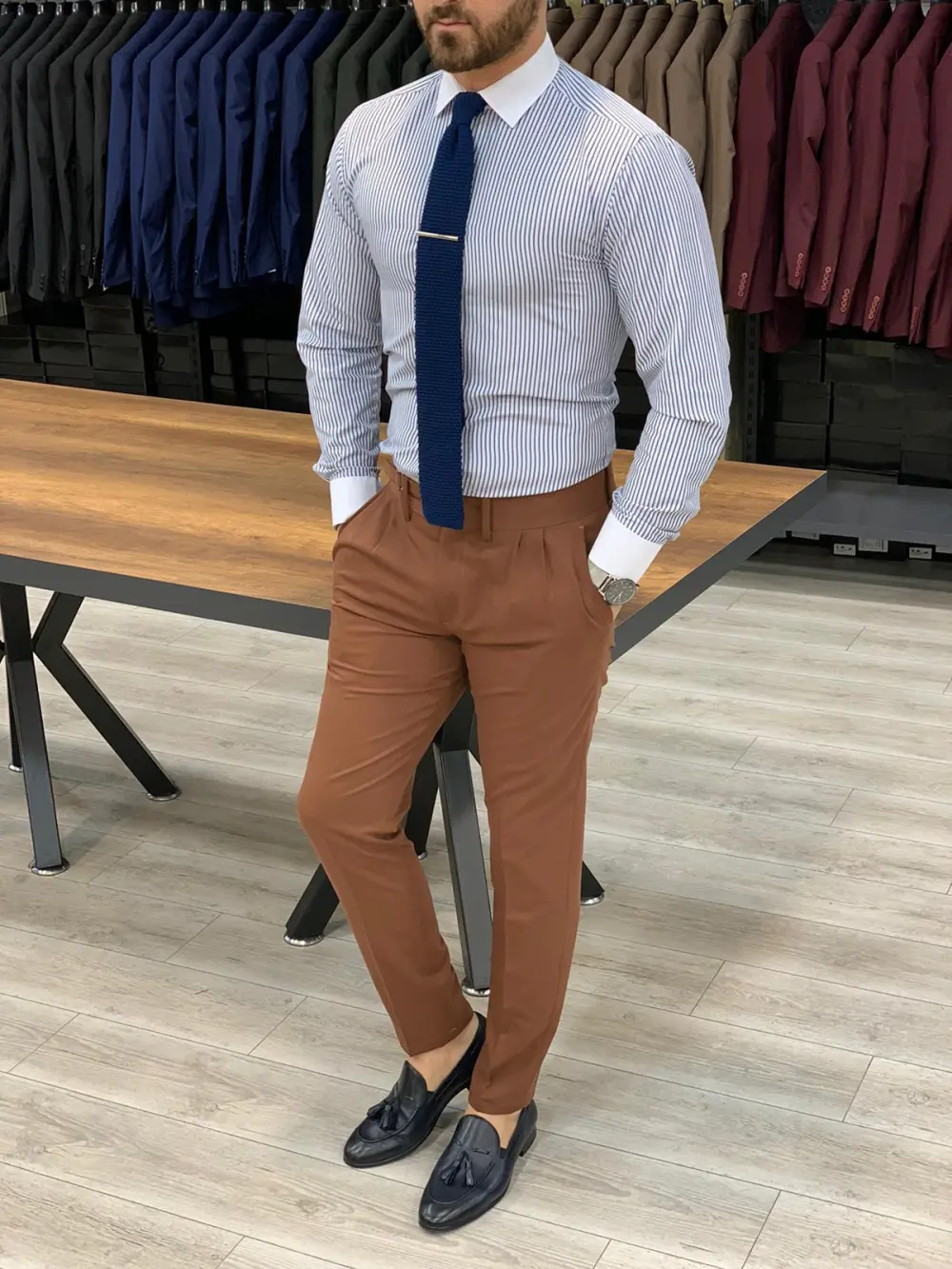 Polished Slim Fit Pleated Tailored Trousers