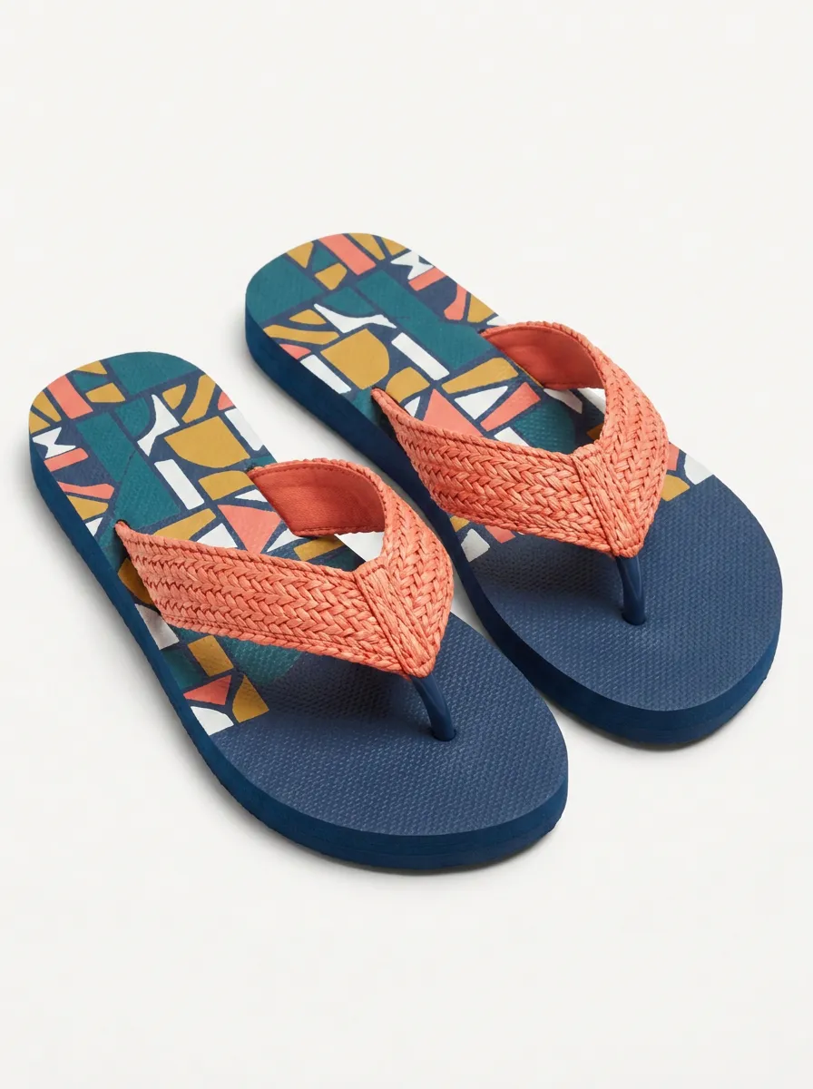 Women's Braided Strap Flip Flops with Geometric Print