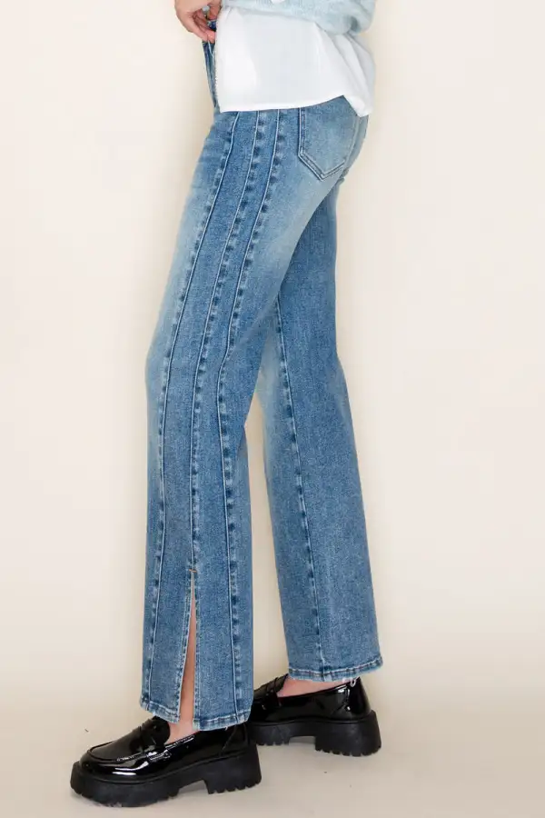 Women's High Rise Side Slit Side Panel Wide Leg Stretch Denim Jeans