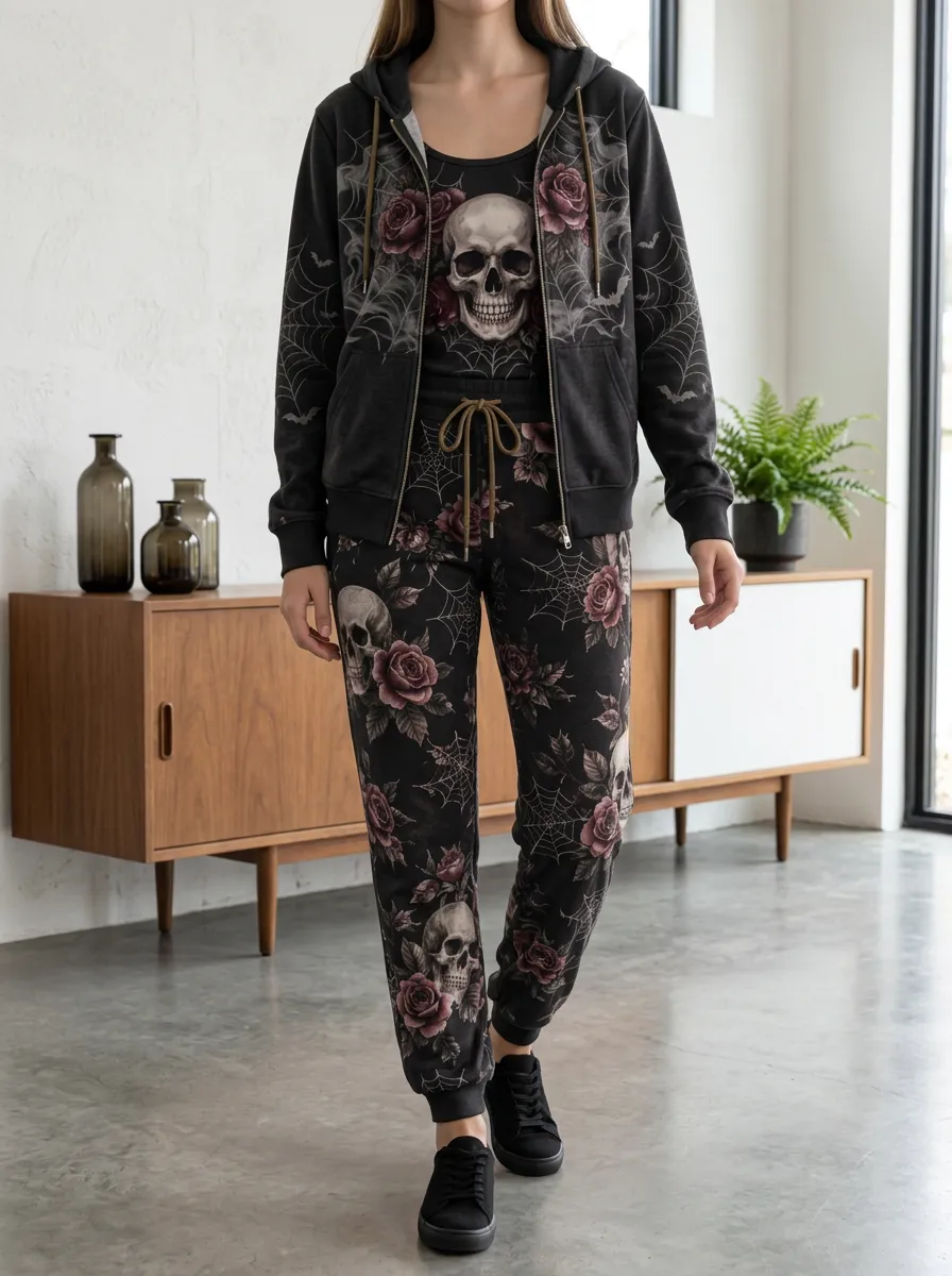 Women's Halloween Gothic Skull Rose Casual Jogger Set