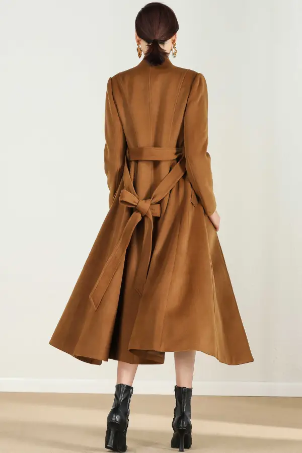 Wool Blend A Line Belted Pocketed Midi Coat