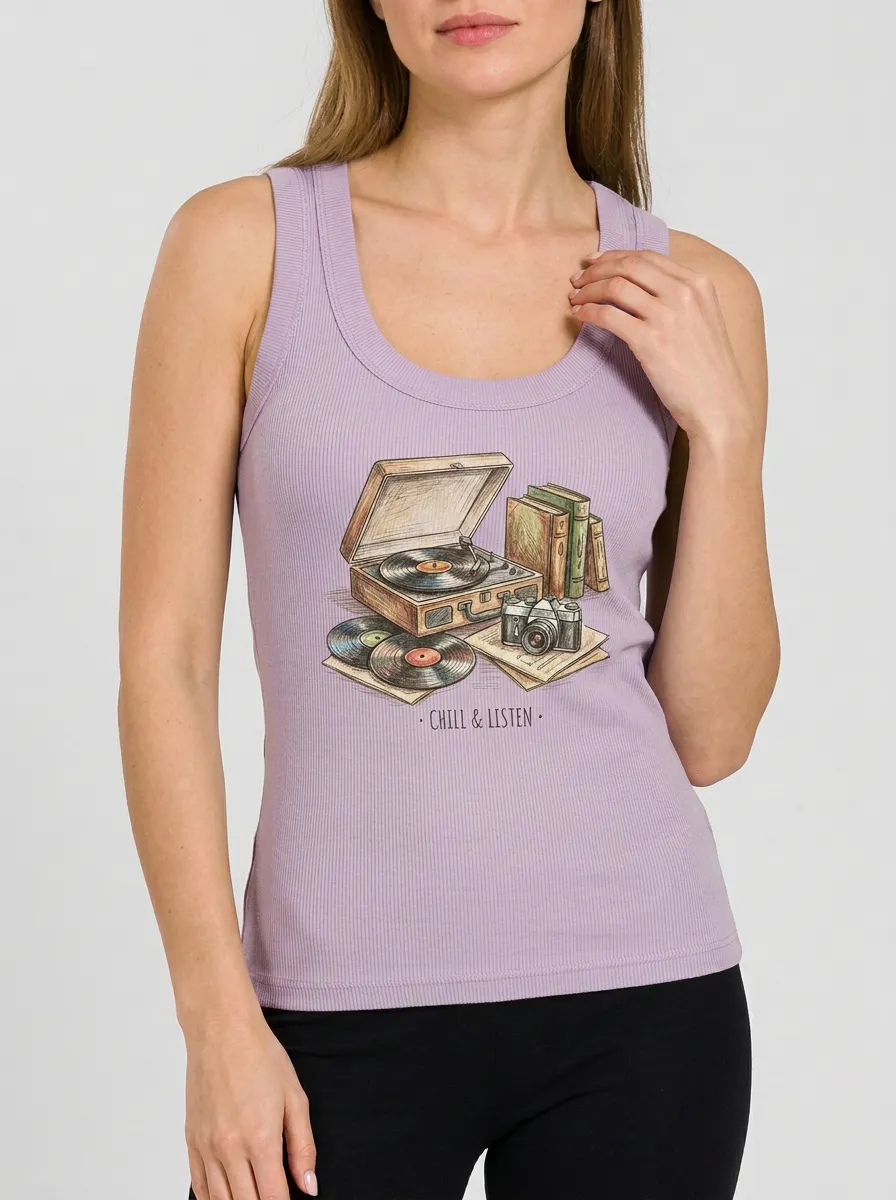 Women's Music Vinyl Record Camera Graphic Tank Top