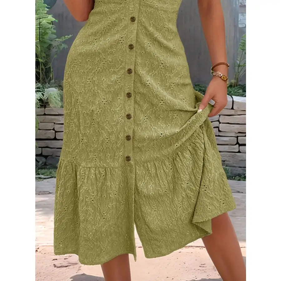 Eyelet Button Front V-Neck Midi Dress