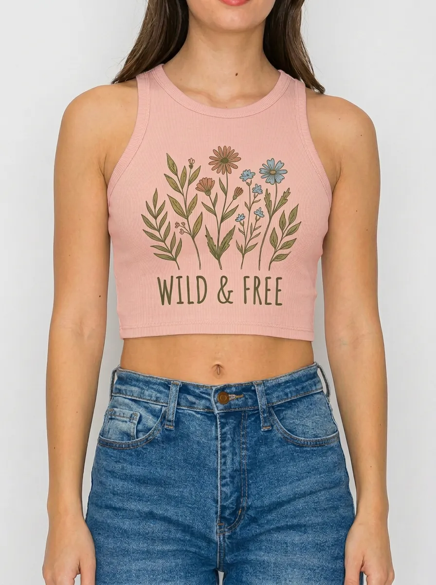 Women's Wild & Free Boho Flower Graphic Crop Tank Top