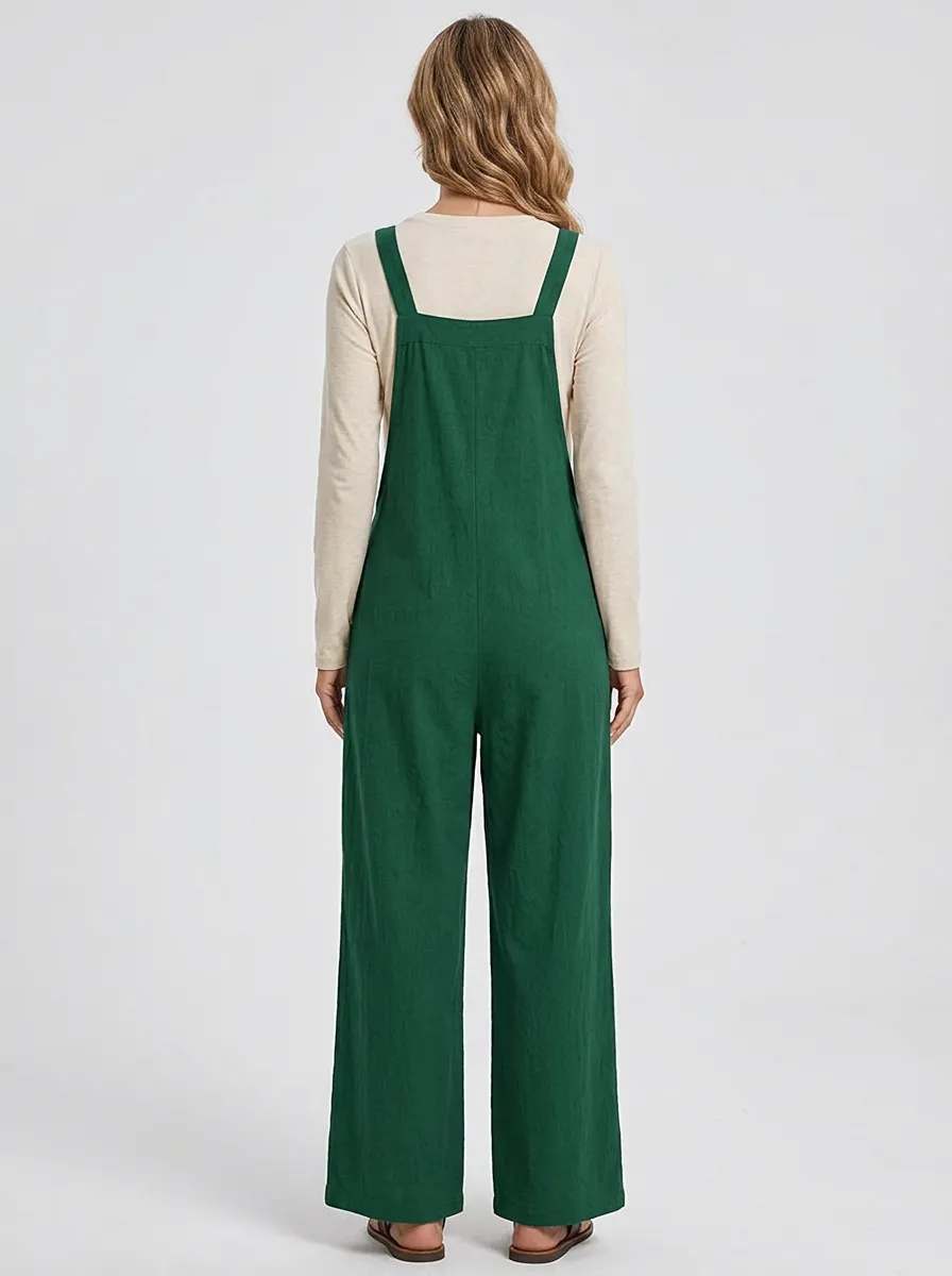Women's Gathered-Waist Patch-Pocket Wide-Leg Overall Jumpsuit
