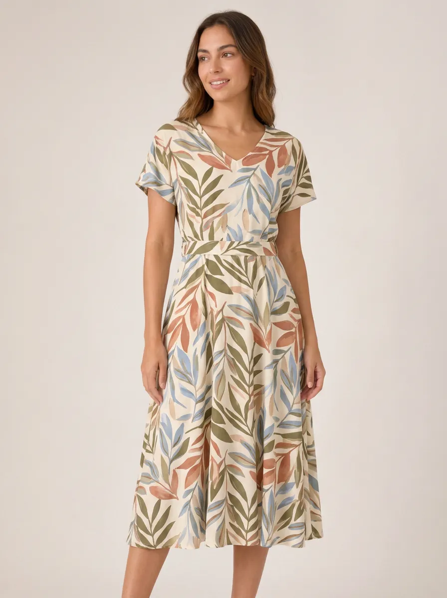 Women's Botanical Nature Lover Leaf Printed V-Neck Dress