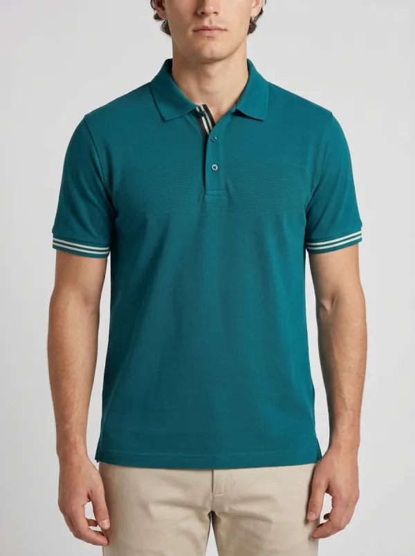 Men's Green Striped Collar Textured Casual Printed Polo Shirt