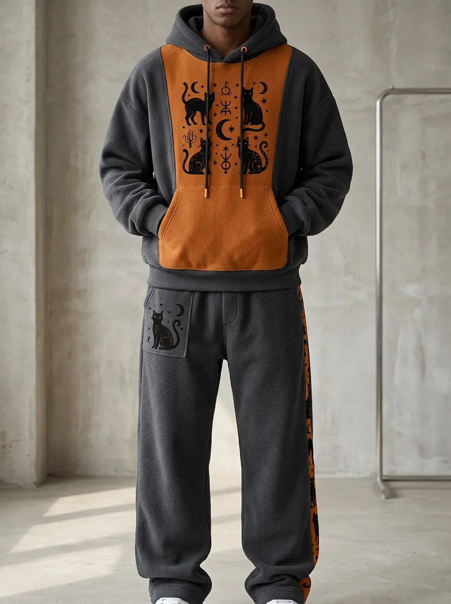 Men's Halloween Witchy Black Cat Printed Fleece Hoodie Jogger Set
