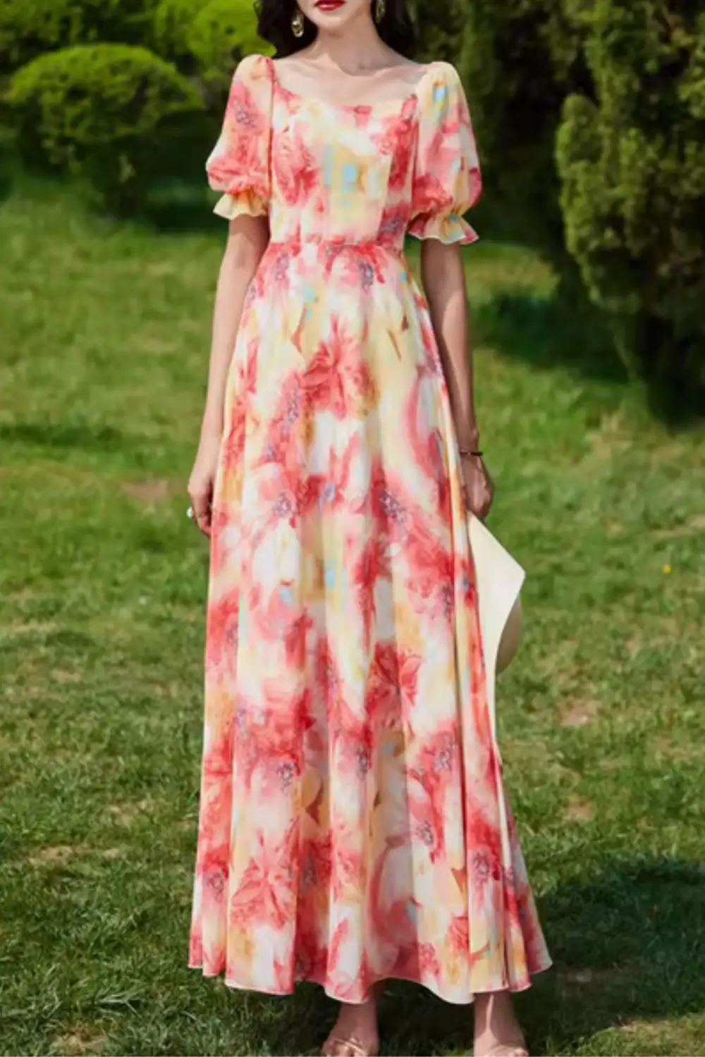 Floral Chiffon Puff Sleeve Maxi Dress