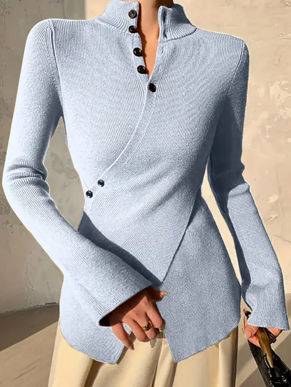 Asymmetric High Neck Knit Top Long Sleeve Tee