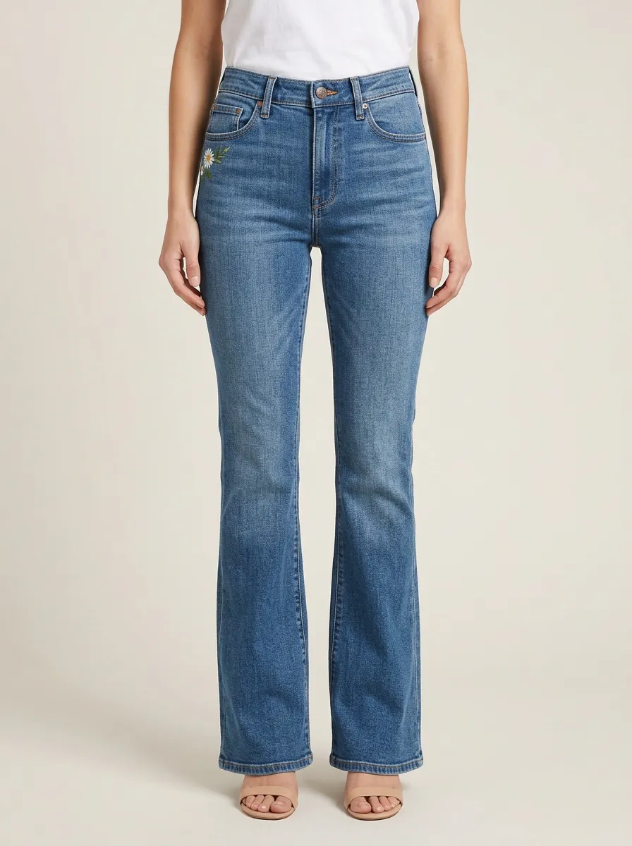 Women's Floral Hip Embroidered Whiskered High-Rise Flare Jeans