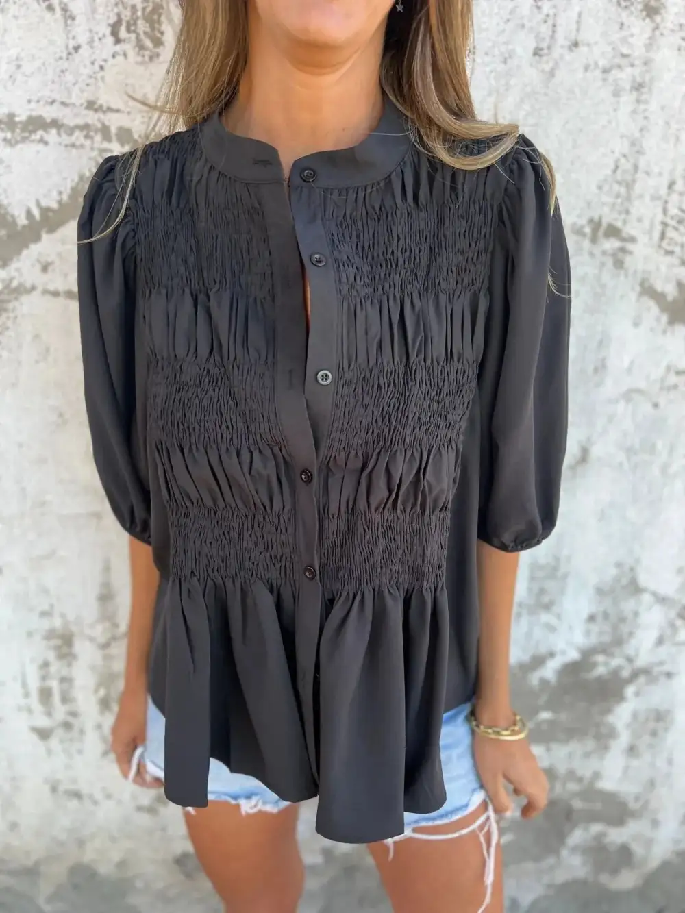 Smocked Puff-Sleeve Buttoned Blouse