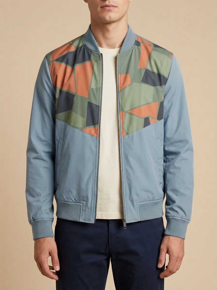 Geometric Print Ribbed Trim Cuffed Sleeves Bomber Jacket