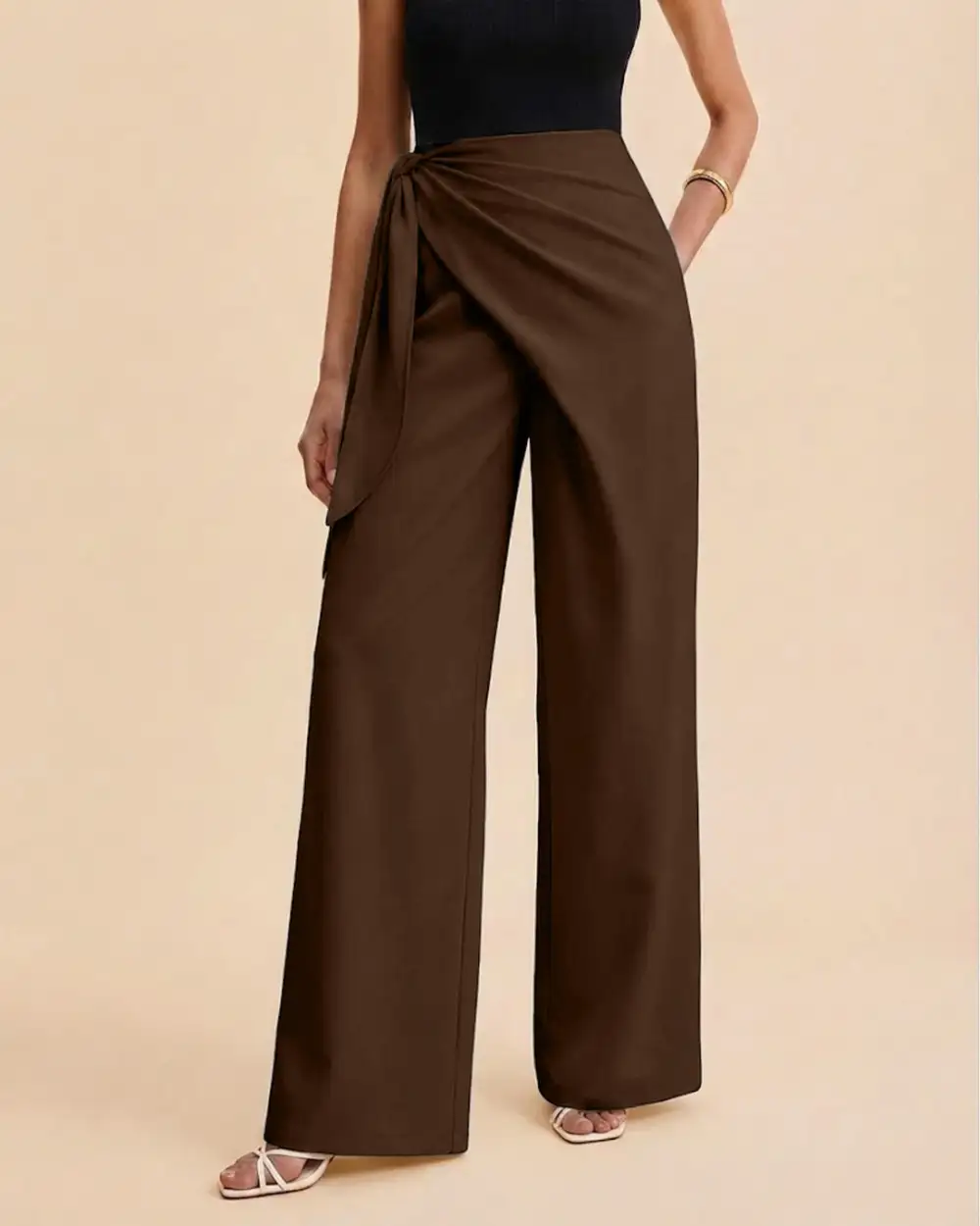 Refined Wrap Front Wide Leg Trousers