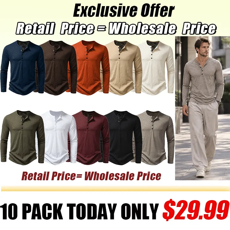 Men's Fashion: 2026 Autumn Western-Style Long-Sleeve Henley T-Shirt (Slub Cotton)