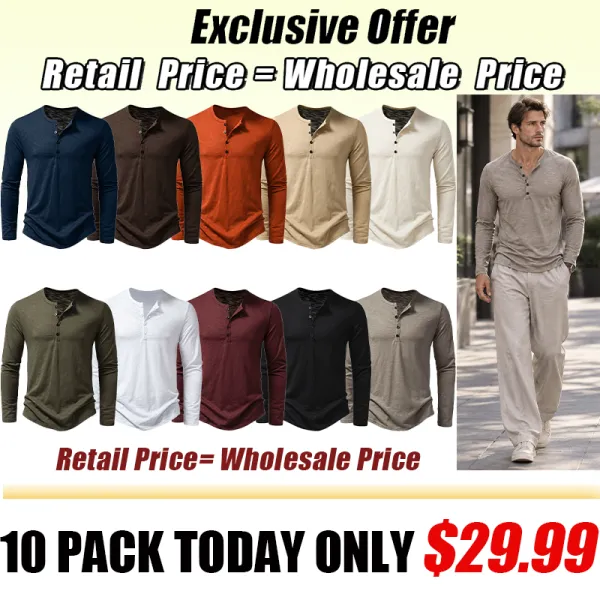 Men's Fashion: 2026 Autumn Western-Style Long-Sleeve Henley T-Shirt (Slub Cotton)