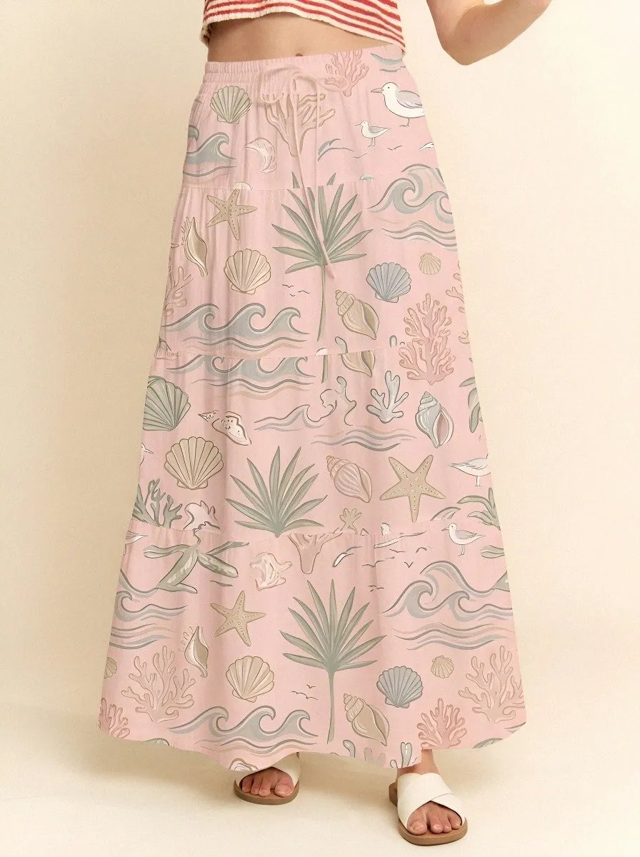 Women's Beach Lover Seashell Palm Wave Printed Maxi Skirt