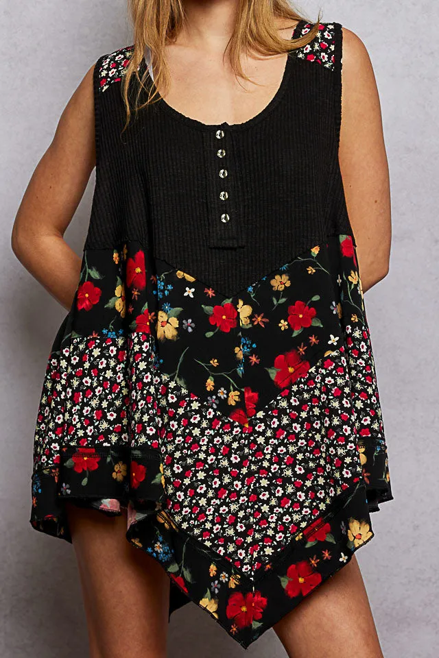 Round Neck Ribbed Tank With Woven Print Patch