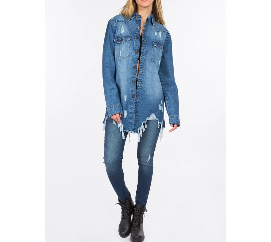 Distressed Frayed Hem Denim Jacket