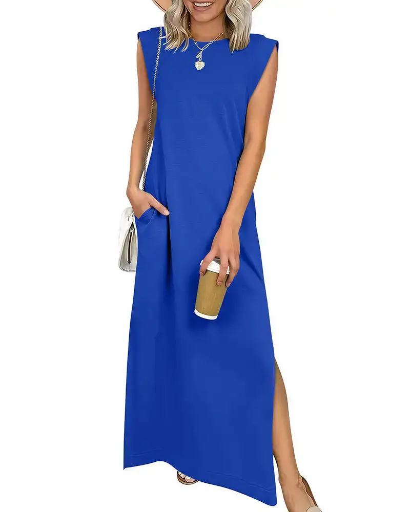 Casual Sleeveless Split Maxi Dress With Pockets