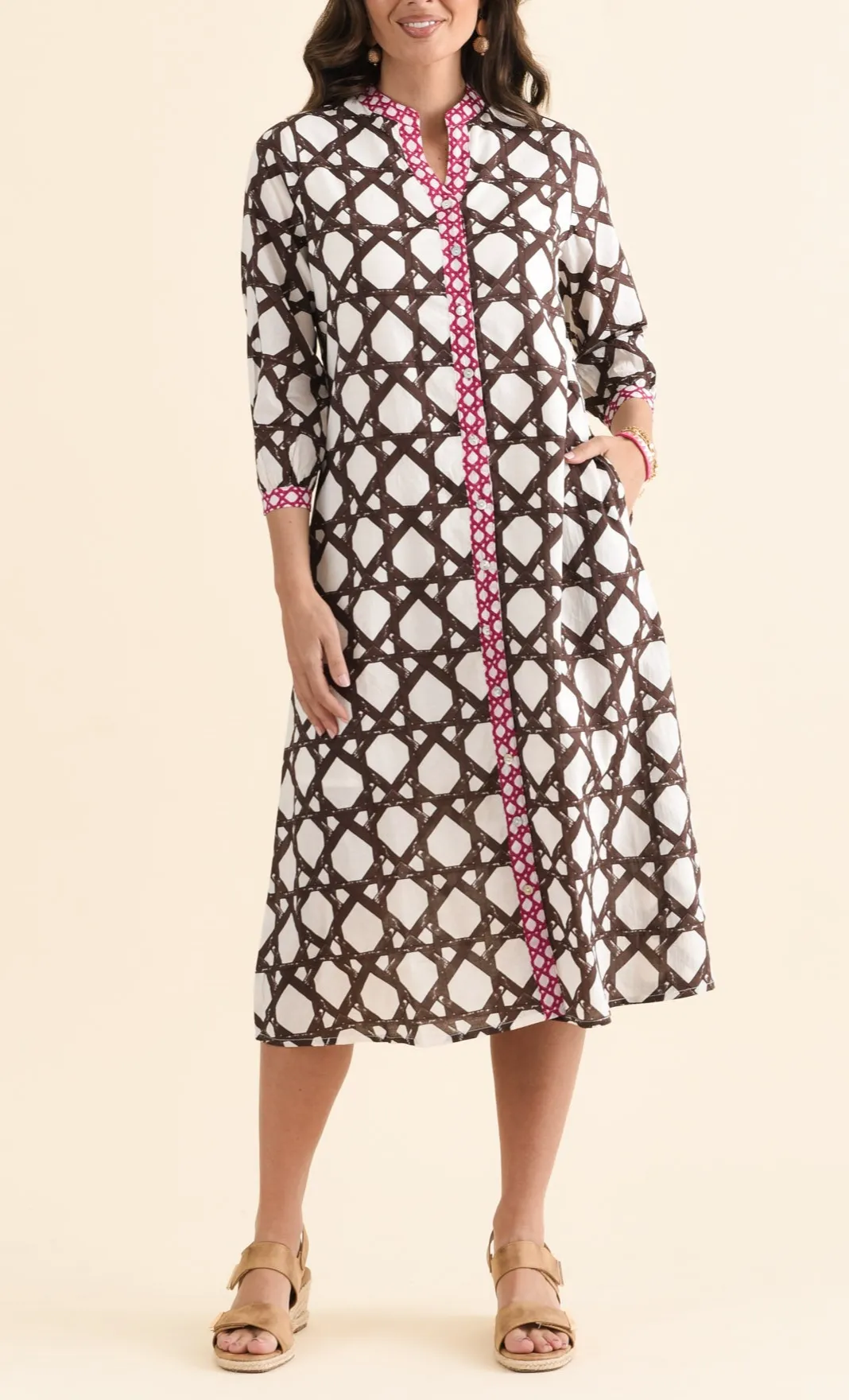 Geometric Cotton Pocket V-Neck Three-Quarter-Sleeve A-Line Below-Knee Dress