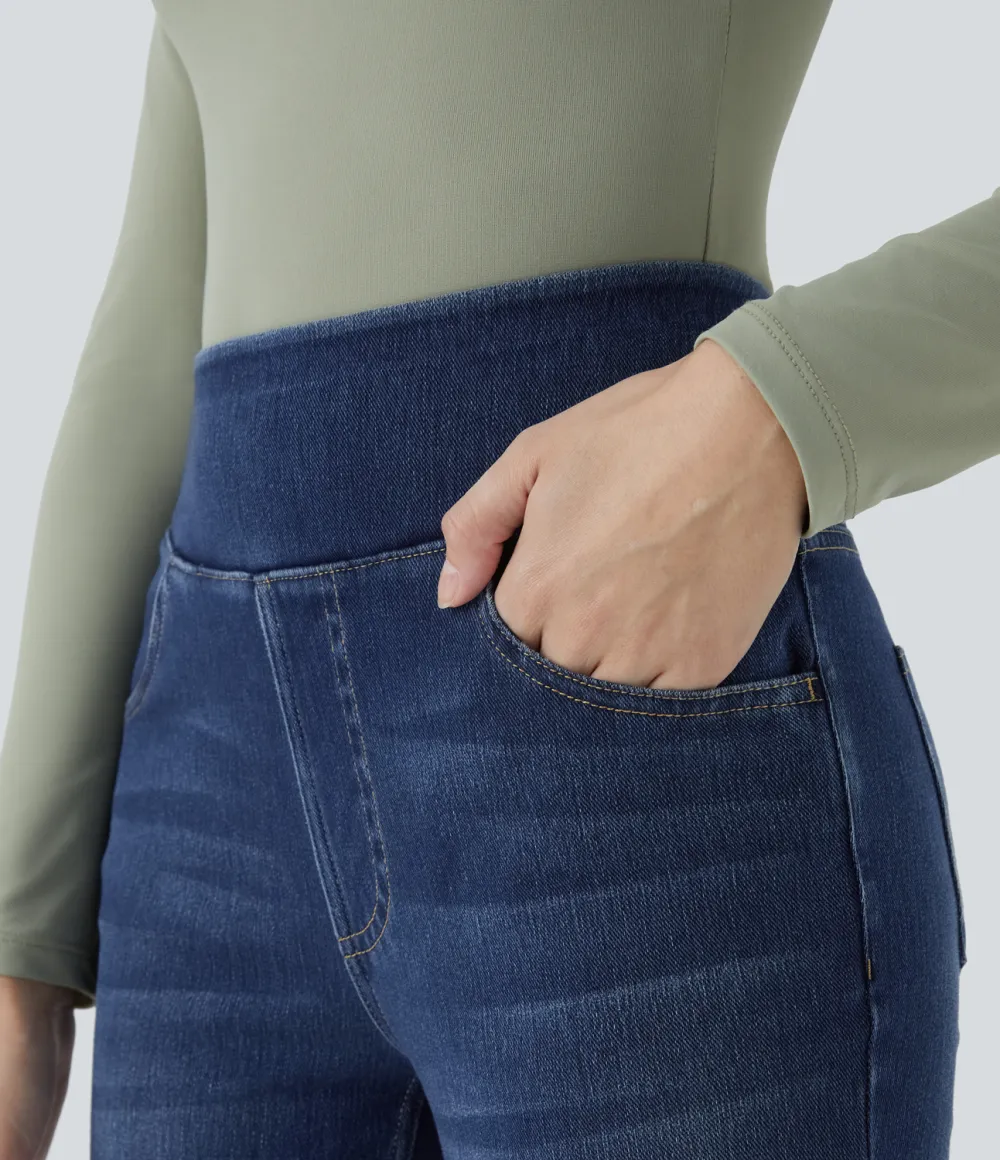 Magic High Waisted Multiple Pockets Washed Stretchy Knit Casual Bootcut Jeans