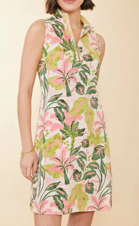 Green Palm Print Half Zip Midi Dress