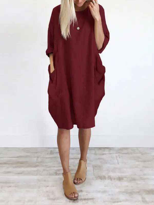 Refined Long Sleeve Relaxed Pocket Solid Color Round Neck Mini Dress