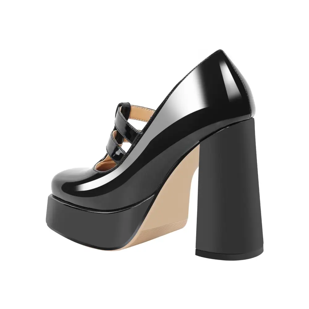Modern Square Toe Platform Chunky Heel Buckle Strap Pumps