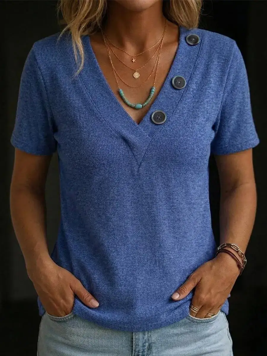 Button Detail V-Neck Tee